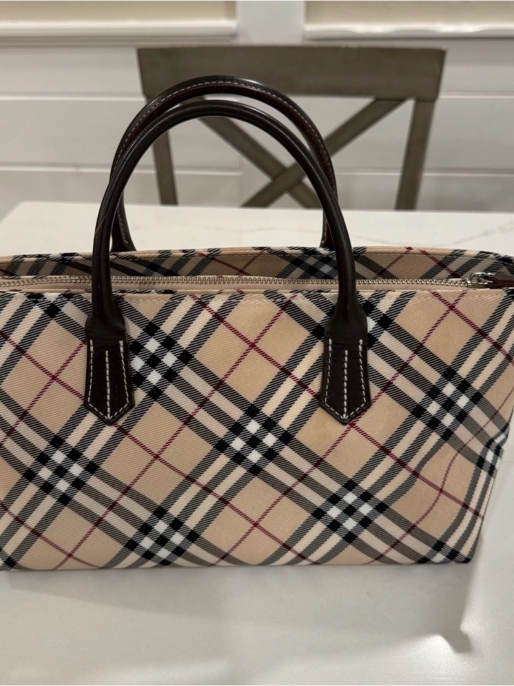 Burberry Beige Check Tote with Dark Brown Leather Handles - Picture 3 of 15